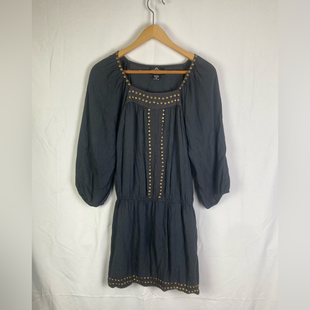 Angie Blouse Medium Gray Gold Studded Top 3/4 Sleeve Tunic Boho EUC